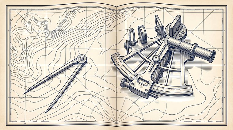 Engraving of a sextant and dividers resting on a nautical chart